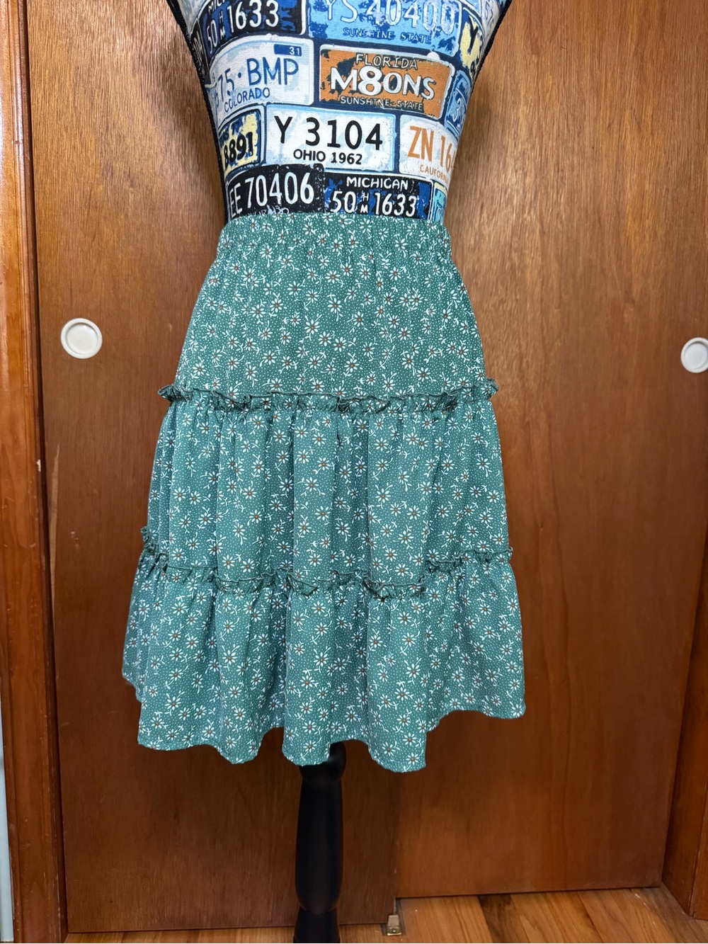 Tiered Floral Midi Skirt in Teal Green
